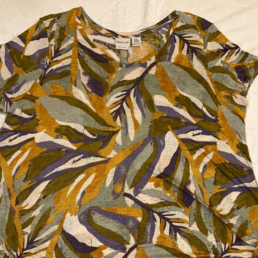 Rachel Zoe Multicolor Leaf Print Short Sleeve Linen Women’s Top Size 2X